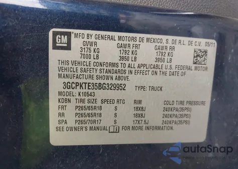 2011 Chevrolet Silverado 1500 Ltz из США, поврежденный, VIN 3GCPKTE35BG329952